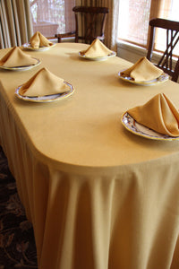 Gold Havana napkins on plates with a matching a tablecloth by a window