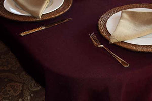 Havana Tablecloth in burgundy with faux burlap napkins 