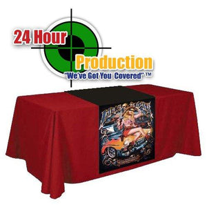 Custom printed Liquid Repellant table runner with 24-hour production graphic above
