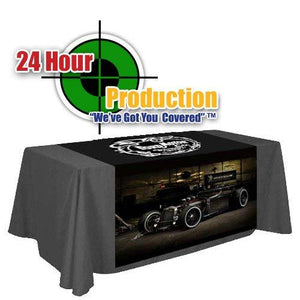 Corporate printed Liquid Repellant table runner with 24-hour production graphic above