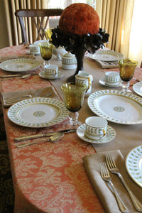Miranda damask custom tablecloth with napkins and china 
