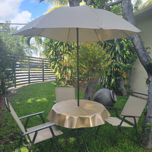 Gold outdoor vinyl tablecloth with umbrella hole and zipper