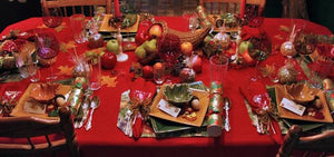 Christmas tablecloth, red oval table linen with lots of fruits and decorartions