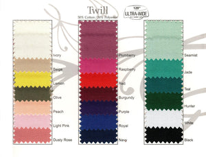 Our Twill Swatch sample card with all available colors