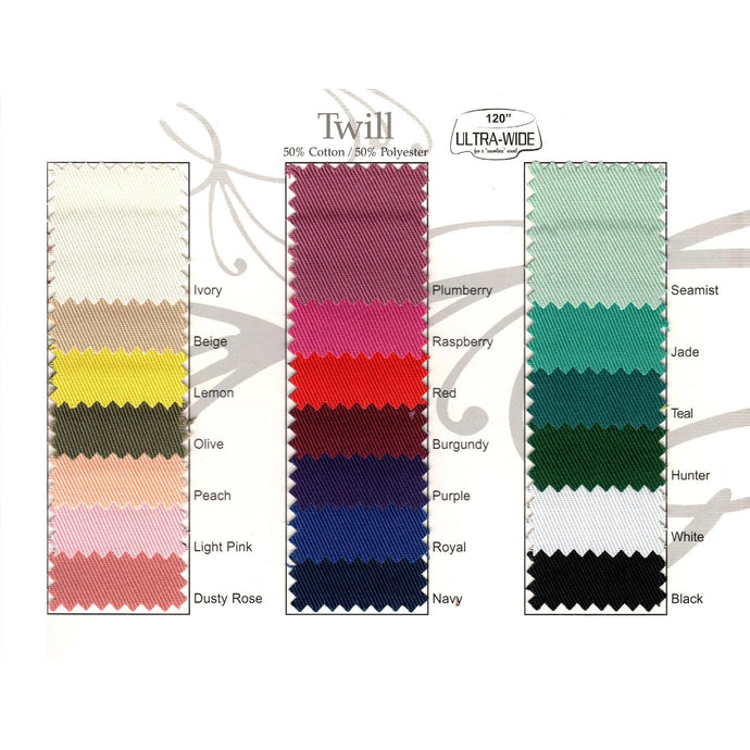 Image of our Poly Cotton twill sample swatch card representing all 20 colors