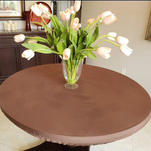 Brown round fitted tablecloth with elastic, table topper