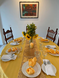 Poly Stripe Oval Tablecloth , yellow cloth, with cloth napkins and gold runner