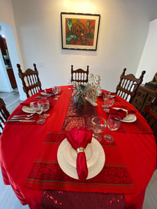Poly Stripe Oval Tablecloth  red cloth, matching dinner napkins and placemats