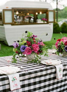Checkered tablecloth at a wedding reception