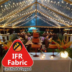 Fine linens on a rectangular cake lead table at a fancy outdoor birthday party under a tent