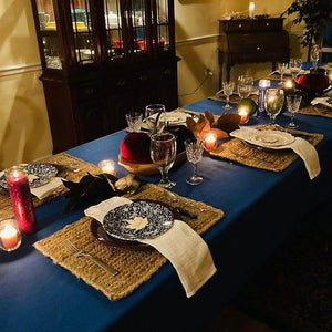Blue Velvet table linens with Burlap placemats and Havana Napkins under plates