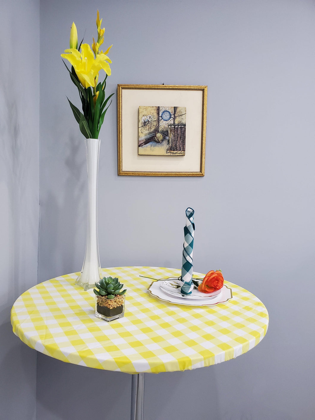Round Poly Check Table Topper With Elastic - Premier Table Linens - PTL 