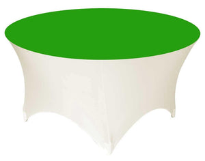 Spandex Table linens with a green top and white sides in front of a white background