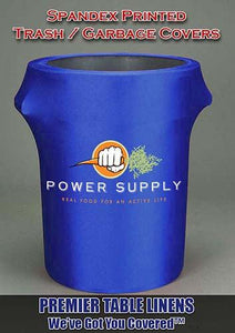 Custom 32-gallon custom printed trash can cover in blue for Power Supply foods
