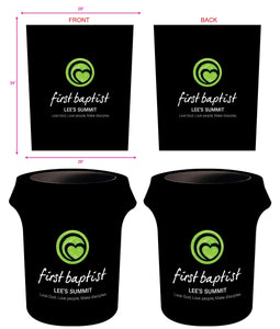 Mock-ups of 32-gallon covers with a 2 logo print for the first baptist chirch