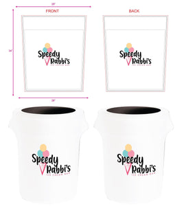 Mock-ups of Spandex 32-gallon Trash covers with color logo print for the Speedy by Rabbi's Ice Cream