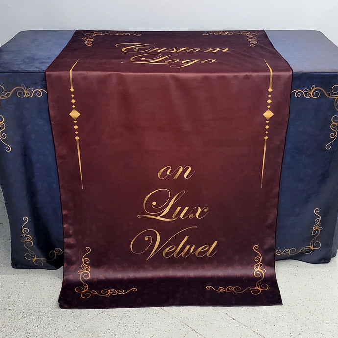 Custom printed 1 color velvet table runner on a velvet tablecloth