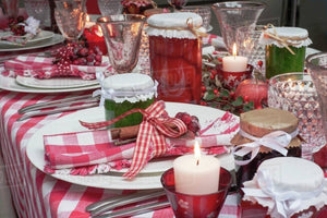 red and green holiday table setting
