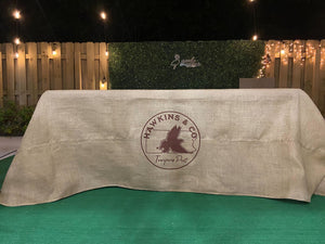 Custom Burlap tablecloth with one color print for the Hawkins company