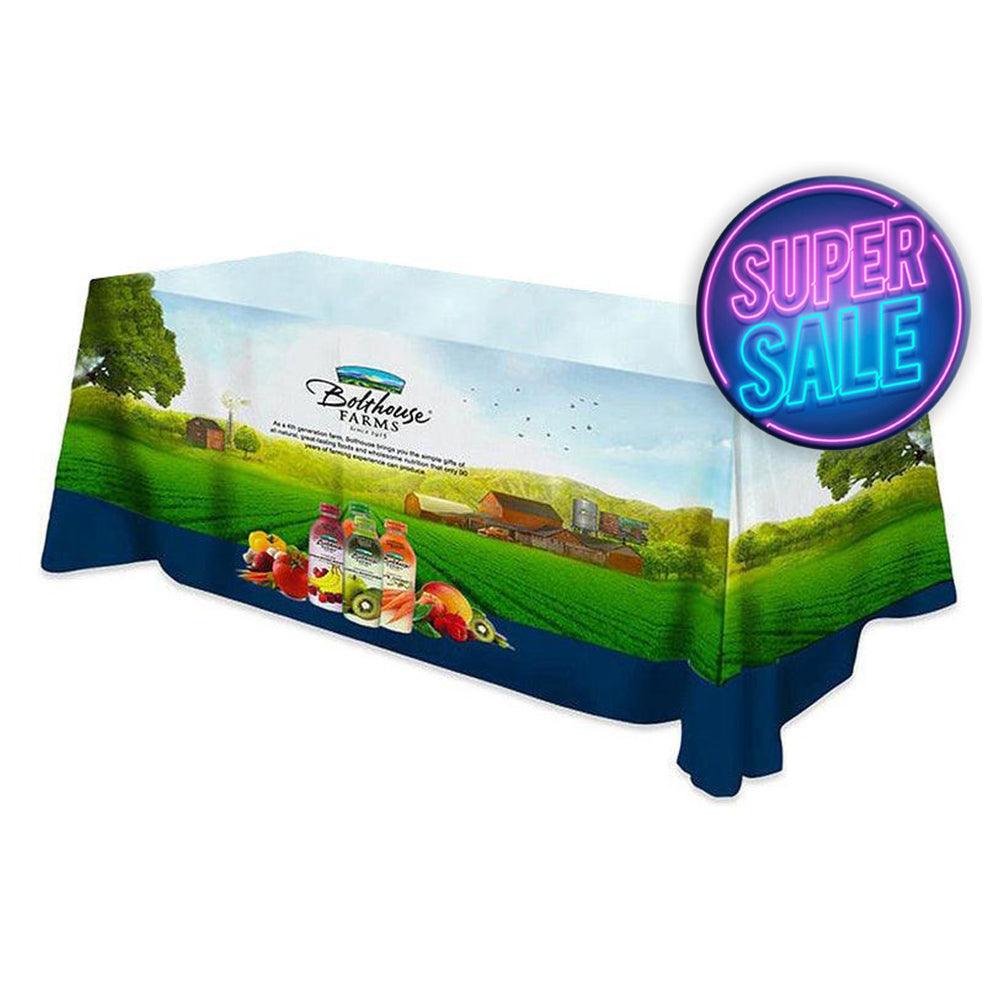 Custom printed 6-foot all-over tablecloth with a white background behind and Super sale graphic