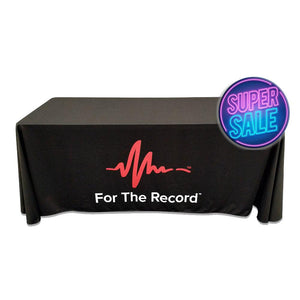 6 foot black tablecloth with 2 color print in front and super sale image above it