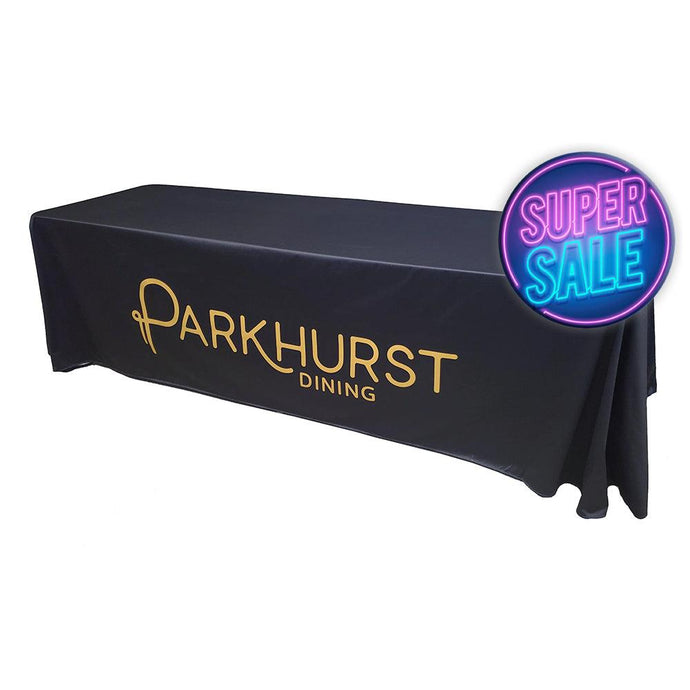 Black Custom printed table throw with one color print and Super Sale image and white background
