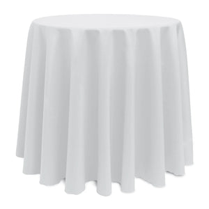 White poly premier tablecloth on round table