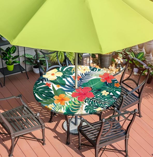 Outdoor Fitted Tablecloth With Umbrella Hole and Zipper