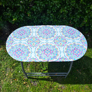 Oval Oilcloth Fitted Tablecloth, Fitted Table Topper With Elastic