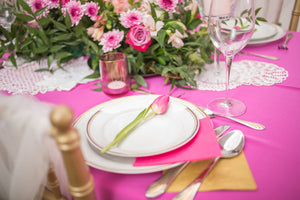 120 Round Tablecloth with place settings and tulips on plates