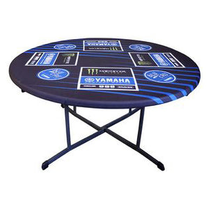 Custom Spandex table topper with elastic printed for the Yamaha Corporation