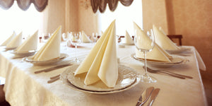 Spun Poly napkins folded into triangles on plates