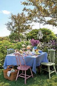 Blue tablecloth in a garden