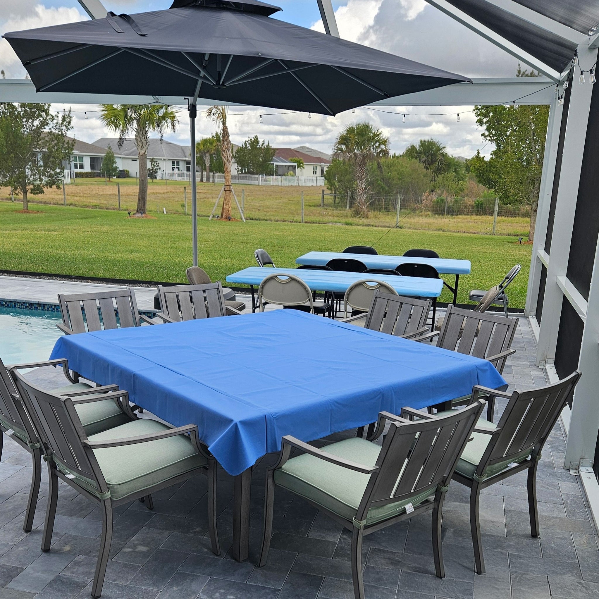 36x36 patio table and umbrella and 4 chairs Square Vinyl Tablecloth, Restaurant Quality