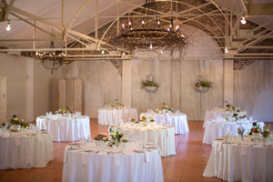 round white tablecloths at a wedding venue