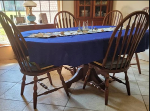 blue oval dupioni tablecloth with table runner