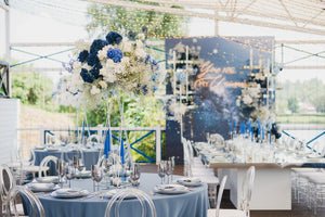 dusty blue tablecloths wedding reception