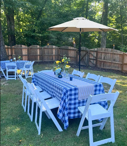 blue white check tablecloth outdoor wedding