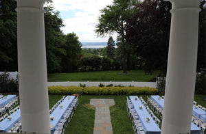 blue white checkered tablecloth outdoor wedding