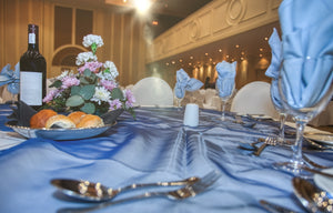 blue satin tablecloth rental at wedding