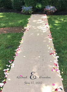 burlap wedding aisle runner with nakes and dates printed
