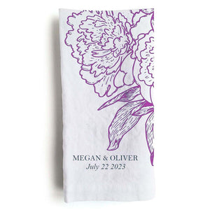 Custom Printed Wedding napkin lying flat with flower print, names and date