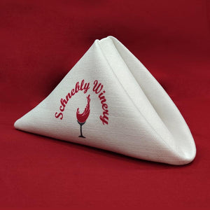 Panama napkin printed on both sides with red corporate logo standing in a triangle shape