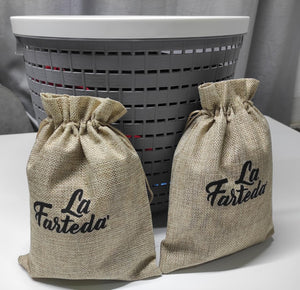 2 Custom branded burlap bags with one color print for La Farteda