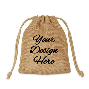 Mock up of a custom printed burlap bag with placeholder text