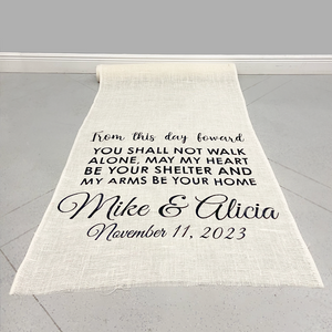 Custom printed Burlap Wedding Aisle runner with black print on it