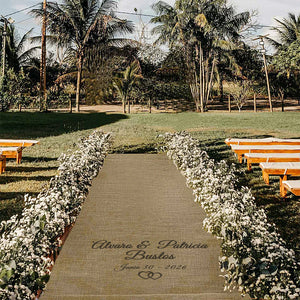 Natural color Custom printed Burlap Aisle Runner in an outdoor backyard wedding reception