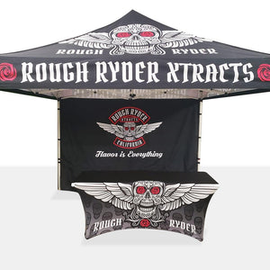 Printed tent with all-over print and matching backdrop and tablecloth for Rough Ryder Xtracts