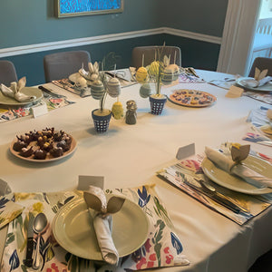 Tan table linen, Easter tablecloth with decorations