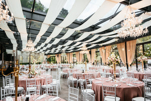 Bautiful wedding reception with rental tablecloths and rental napkins.